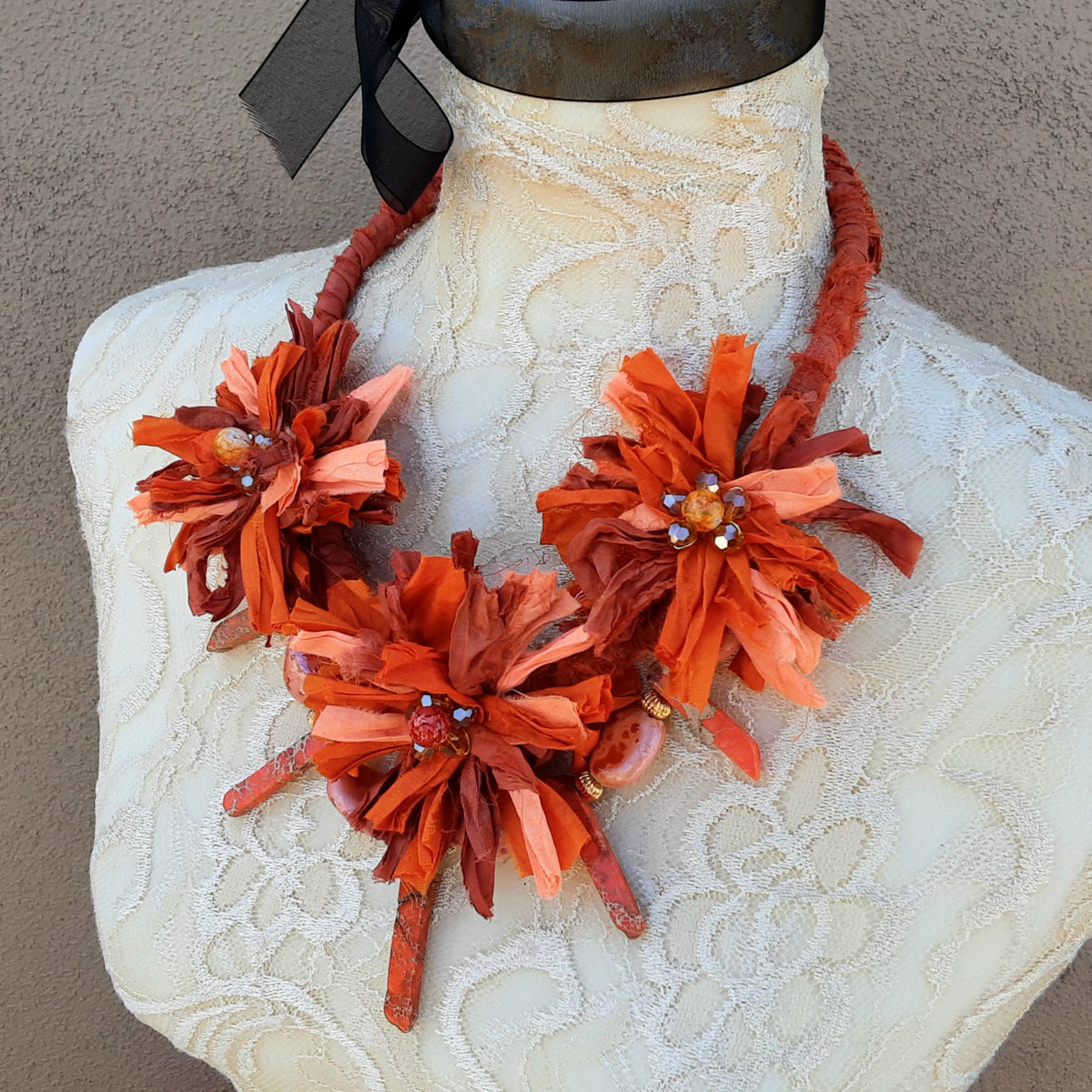 Boho Orange Sari Ribbon Flower Statement Necklace - Gypsy Style Fabric Gift for Her