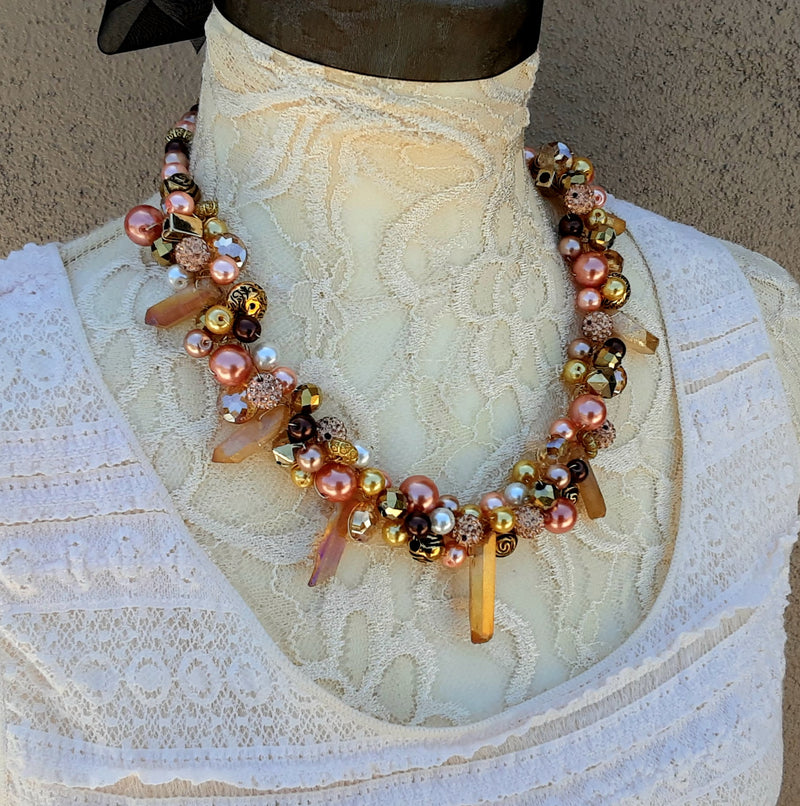 Chunky Coppery Statement Necklace, Unique Twisted Wire Quartz Collar, Gift for Her