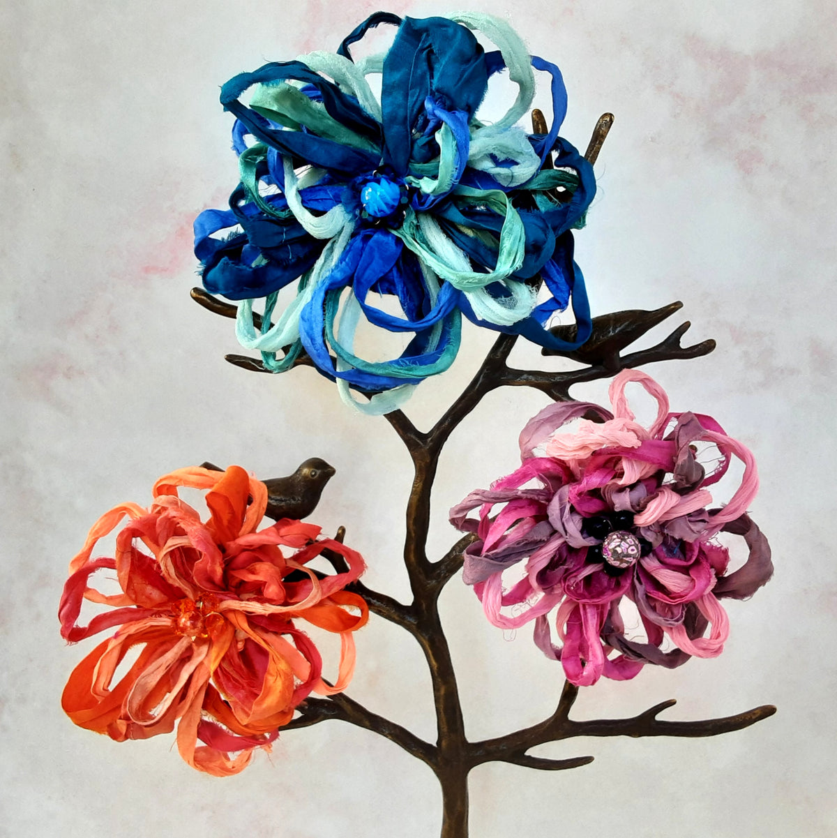 Fuzzy Sari Silk Ribbon Flower Brooch Pin & Earring Set - Large Fabric Floral Hair Clip - 3 Colors Fiber Art Corsage and Dangle Earrings