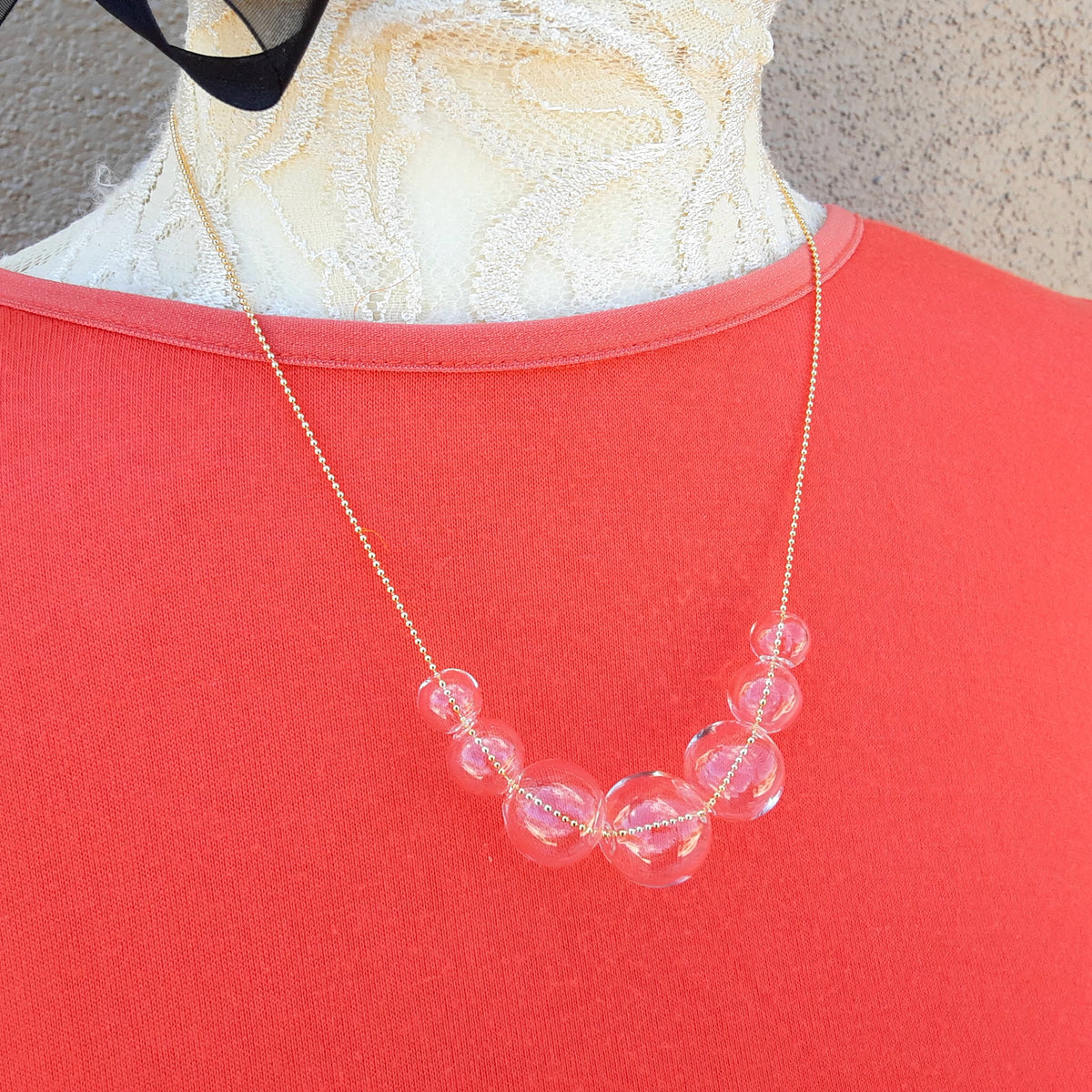 Modern Hand Blown Clear Glass Bubble Necklace on Gold Plated Ball Chain, Minimalist Jewelry