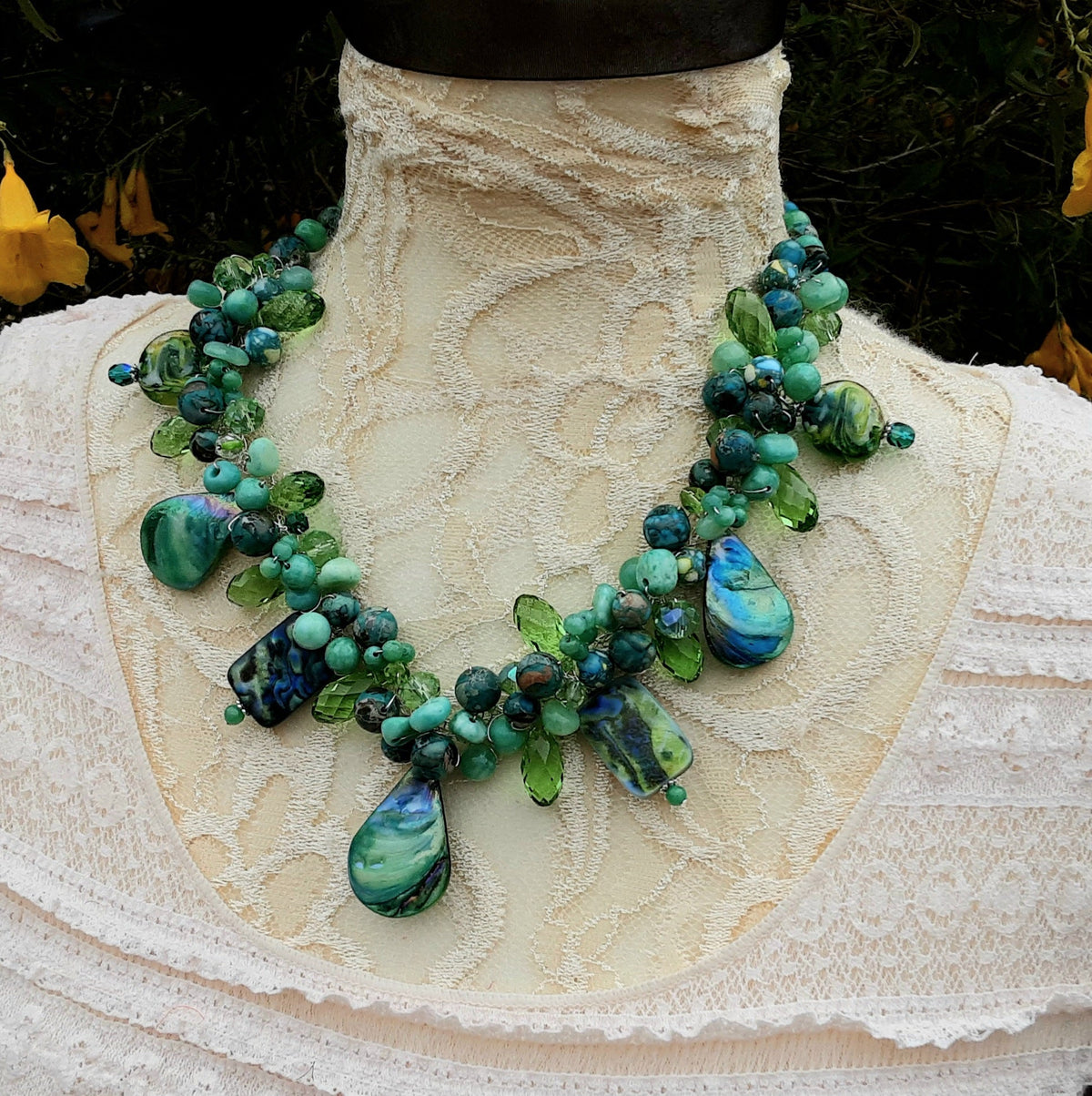 Colorful Green Chunky Cluster Statement Necklace, Unique Gift for Her, Mother of the Bride Bib