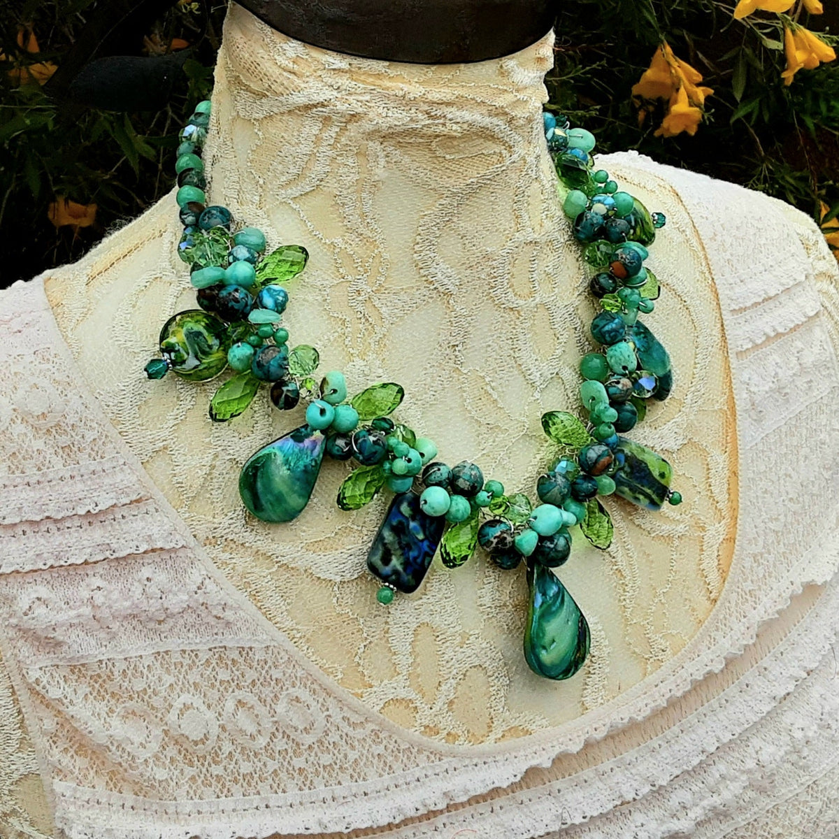 Colorful Green Chunky Cluster Statement Necklace, Unique Gift for Her, Mother of the Bride Bib
