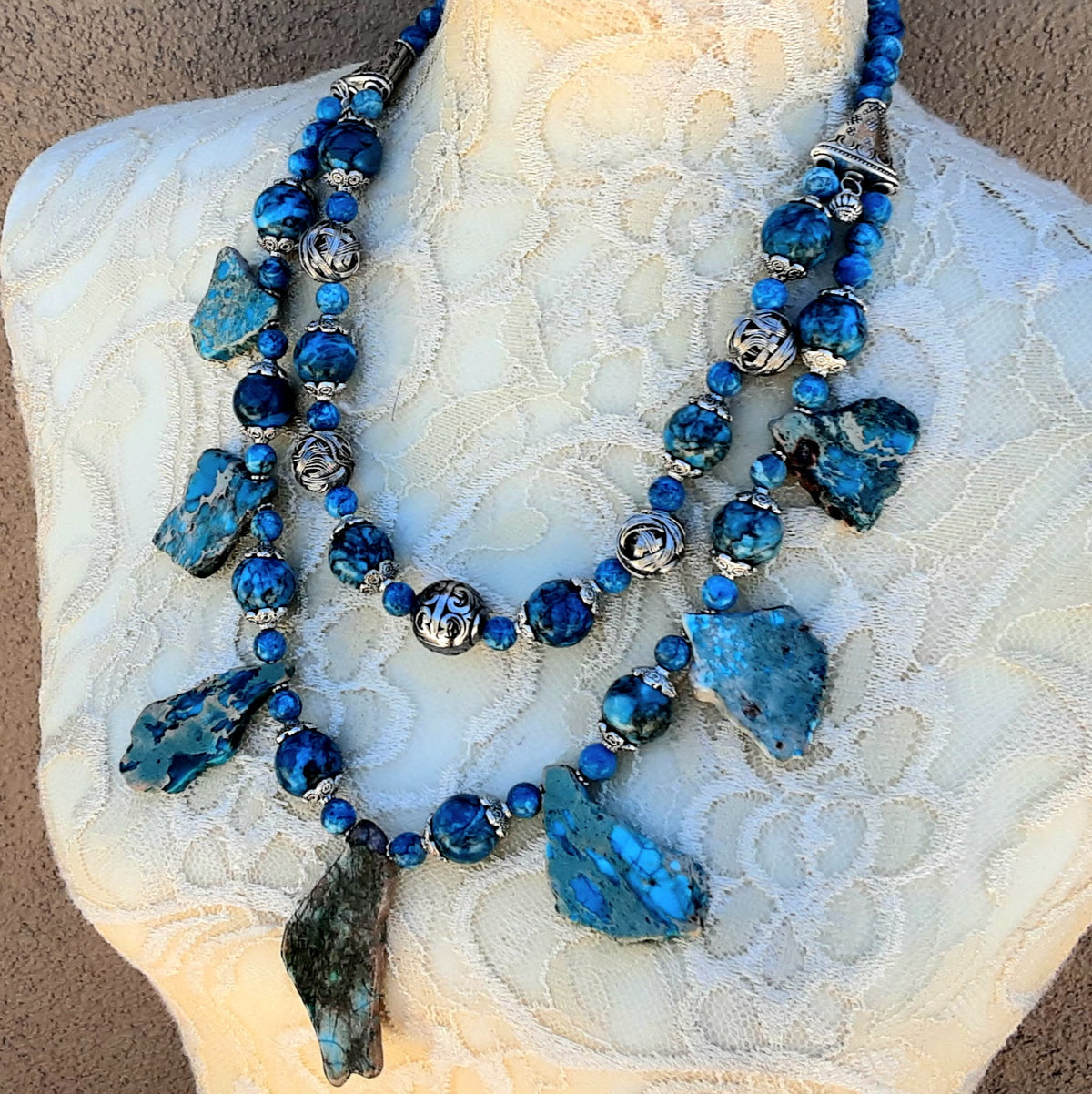 Turquoise Multi-Strand Statement Necklace, Unique Colored Collar, Gemstone Gift for Her