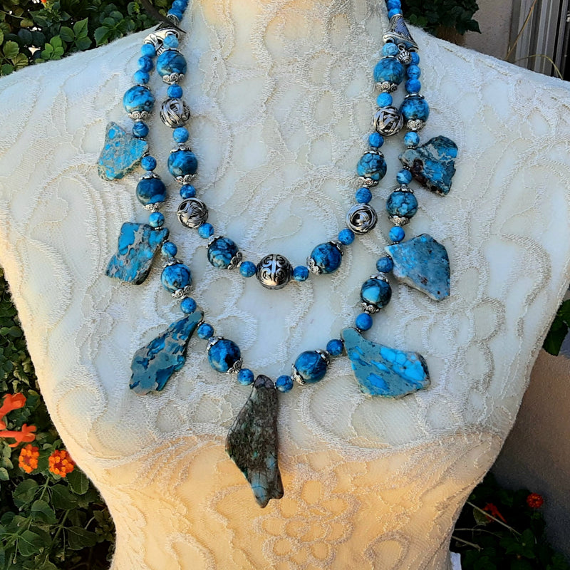 Turquoise Multi-Strand Statement Necklace, Unique Colored Collar, Gemstone Gift for Her