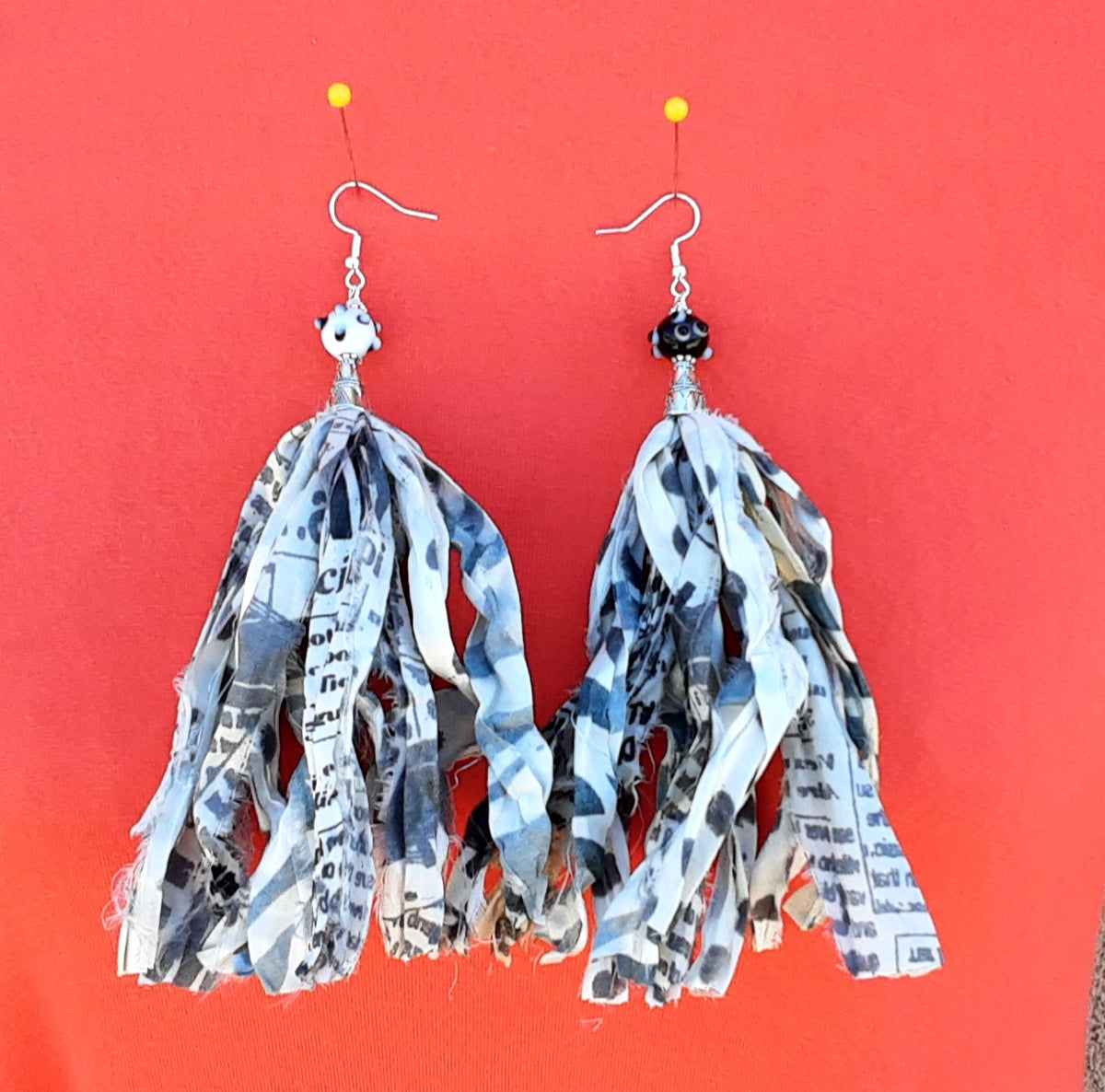 Black and White Sari Silk Ribbon Huge Boho Tassel Statement Earrings