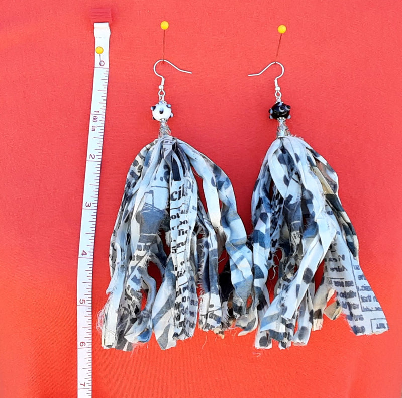 Black and White Sari Silk Ribbon Huge Boho Tassel Statement Earrings
