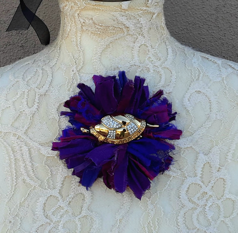 Purple Fuzzy Sari Silk Ribbon Flower Brooch with Earrings - Large Fabric Floral Pin - Vintage Textile Art Corsage