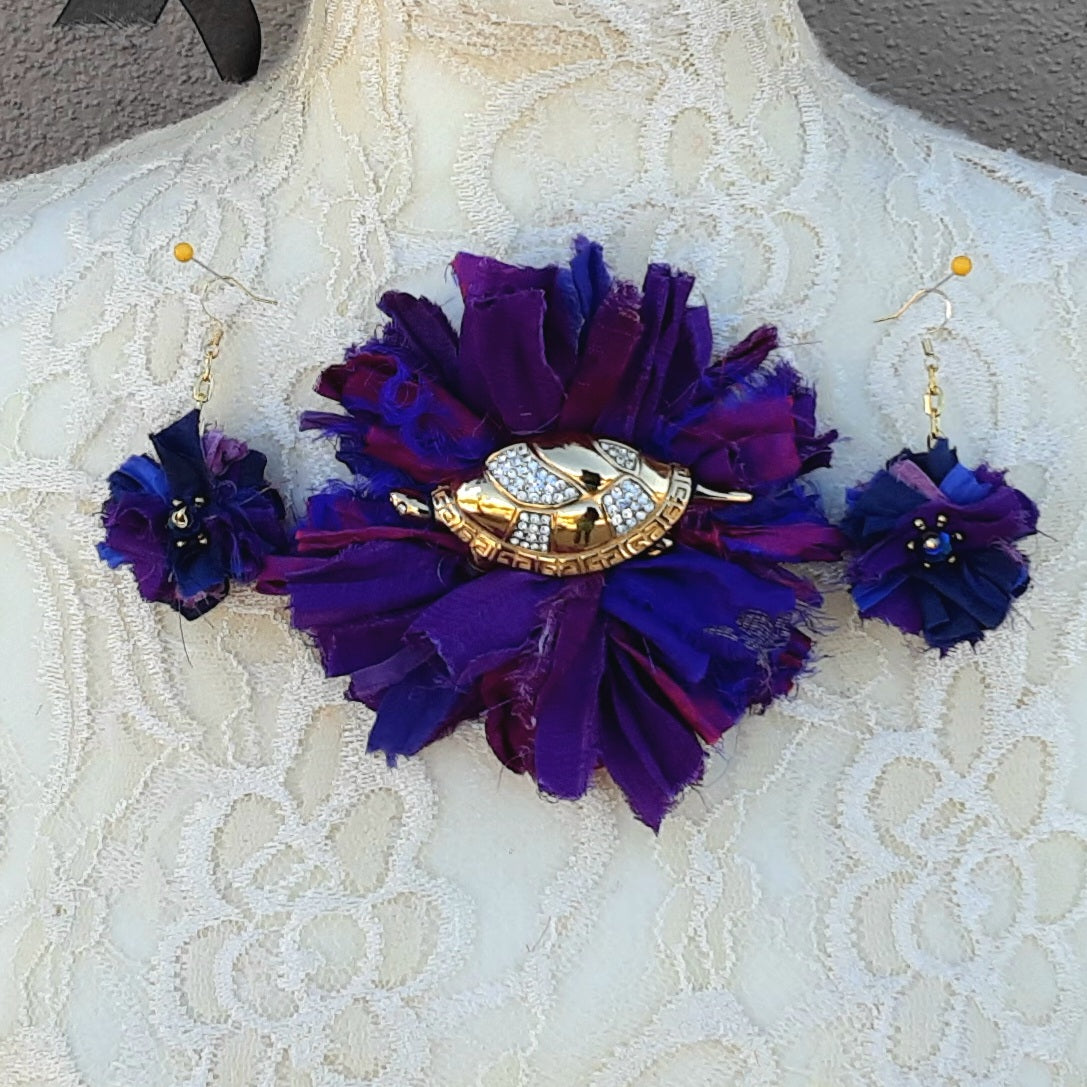 Bling Beaded Baubles Purple Fuzzy Sari Silk Ribbon Flower Brooch with Earrings - Large Fabric Floral Pin - Vintage Textile Art Corsage Brooch with Earrings