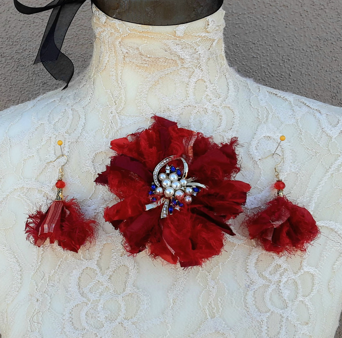 Red Fuzzy Sari Silk Ribbon Flower Brooch with Earrings - Large Fabric Floral Pin - Vintage Textile Art Corsage