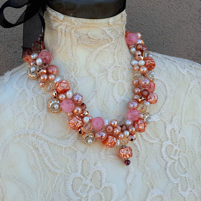 Chunky Copper Cluster Statement Necklace - Colorful Collar - Unique Twisted Wire Gift for Her
