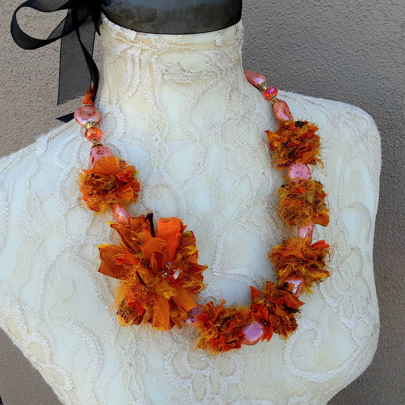 Orange Sari Ribbon Flower Statement Necklace - Unique Silk Fabric Lei Collar - Colorful Gift for Her