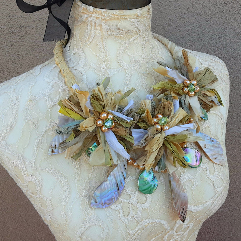 Sari Silk and Shell Flower Statement Necklace - Unique Boho Chic Gift for Her