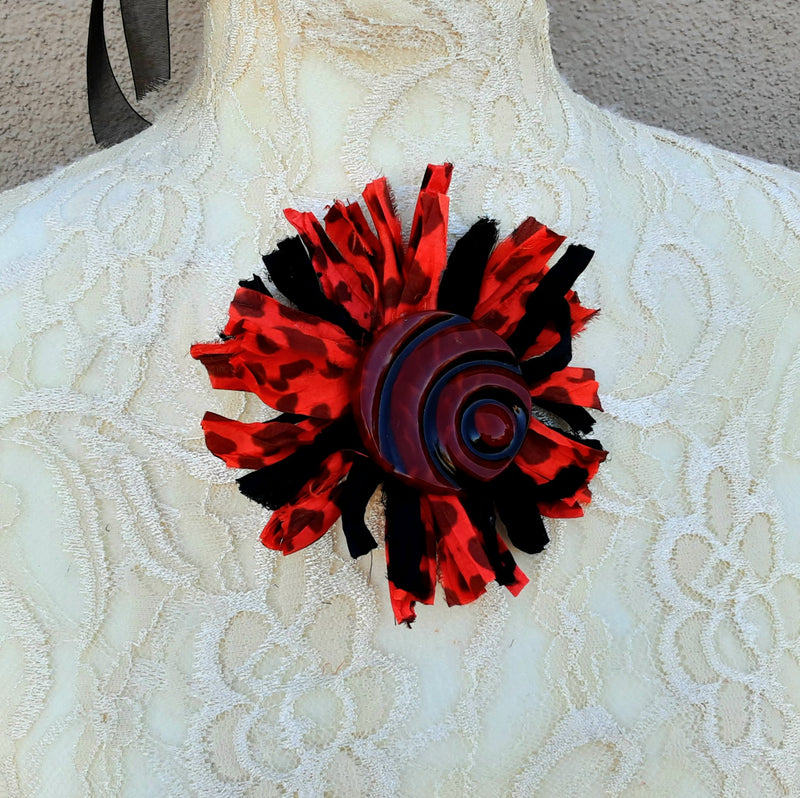 Fuzzy Flower Brooch With Vintage Button - Large Antique Floral Pin - Sari Silk Ribbon Art Corsage