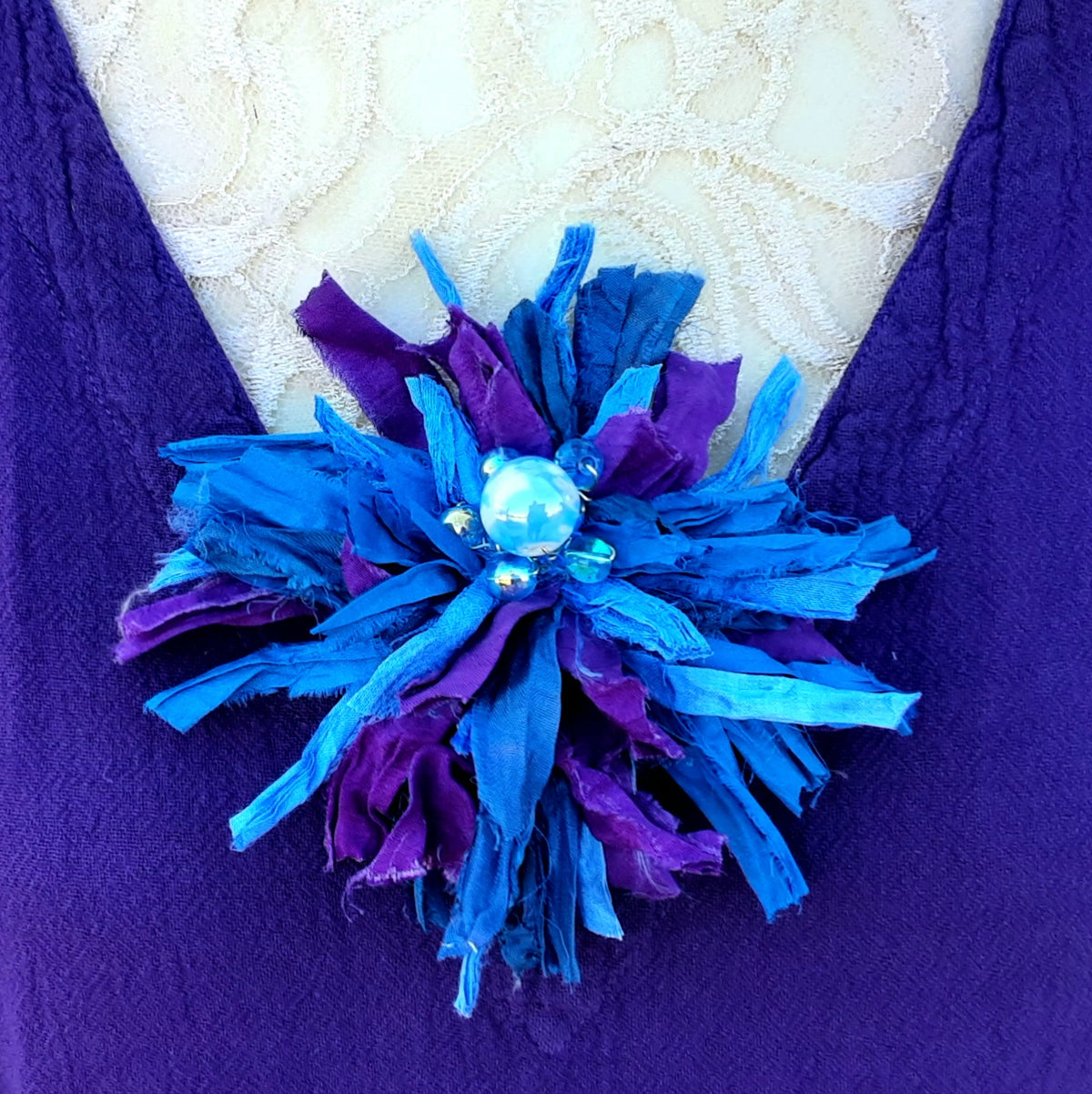 Blue with Purple Sari Silk Ribbon Flower Brooch - Large Fabric Floral Pin - Fiber Art Corsage