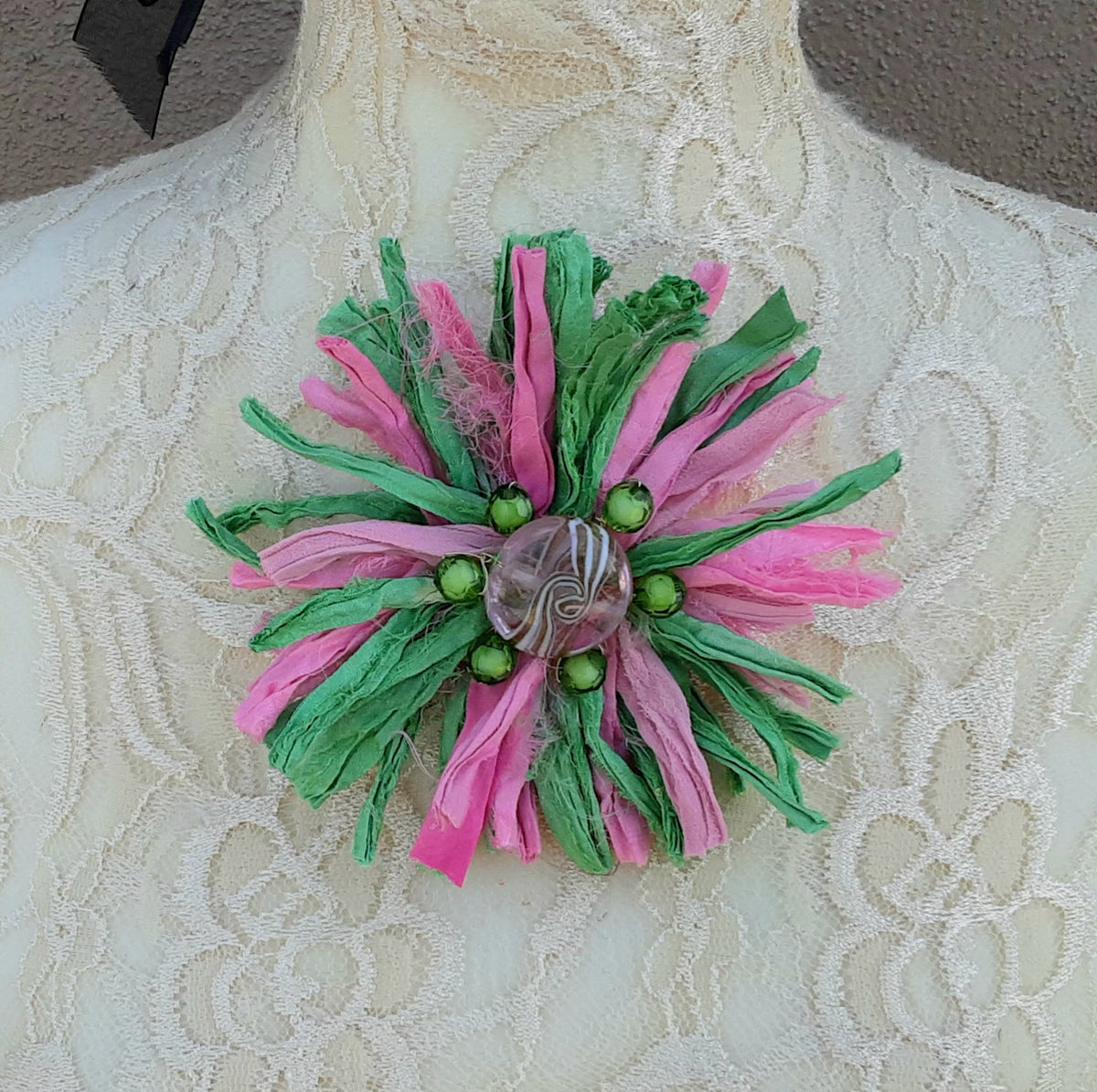 Sari Silk Ribbon Flower Brooch in Pink & Green - Large Star Burst Fabric Pin - Fiber Art Corsage