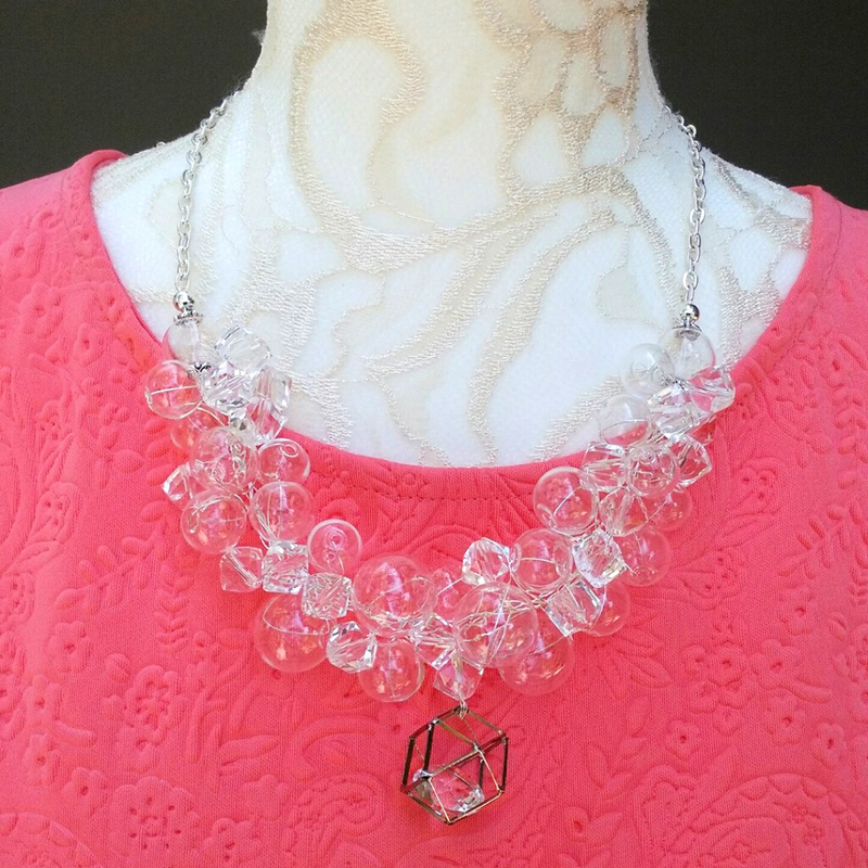 Hand Blown Clear Glass Pendant Statement Necklace, Little Black Dress Crystal Necklace