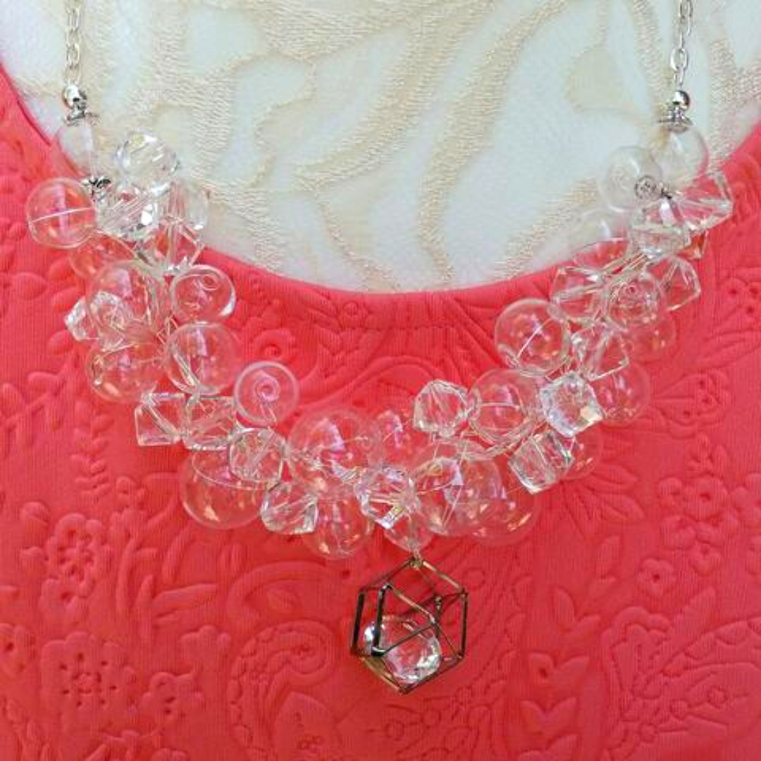 Hand Blown Clear Glass Bubble and Crystal Pendant Statement Necklace, Unique Gift for Her