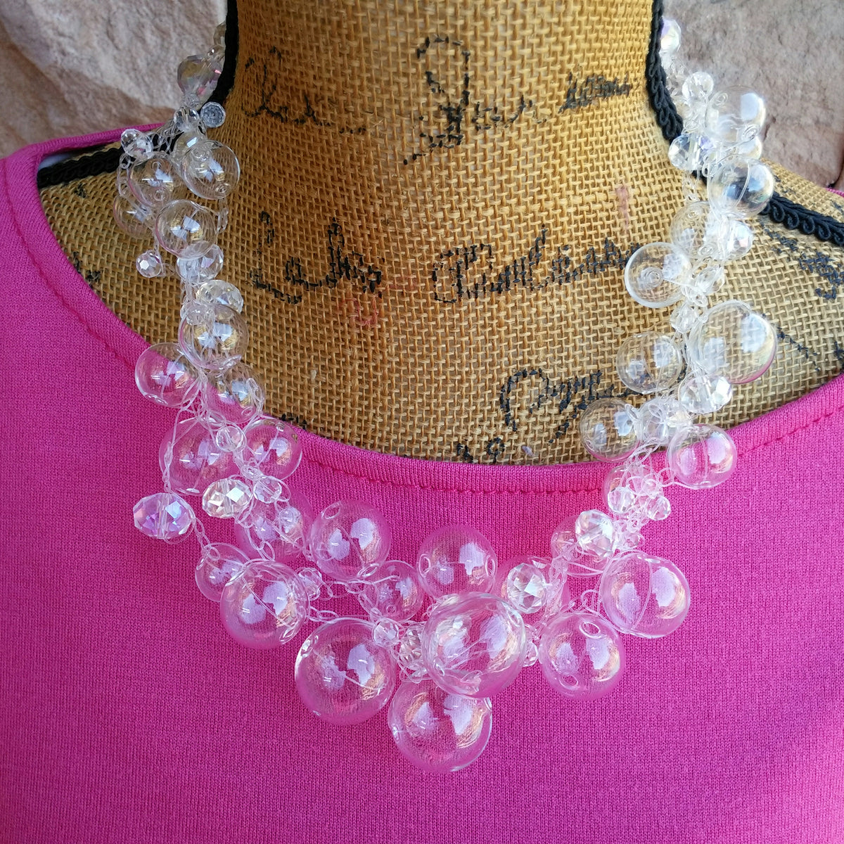 Bridal Hand Blown Glass Crocheted Statement Necklace, Wedding Necklace, Chanel in Bubbles!