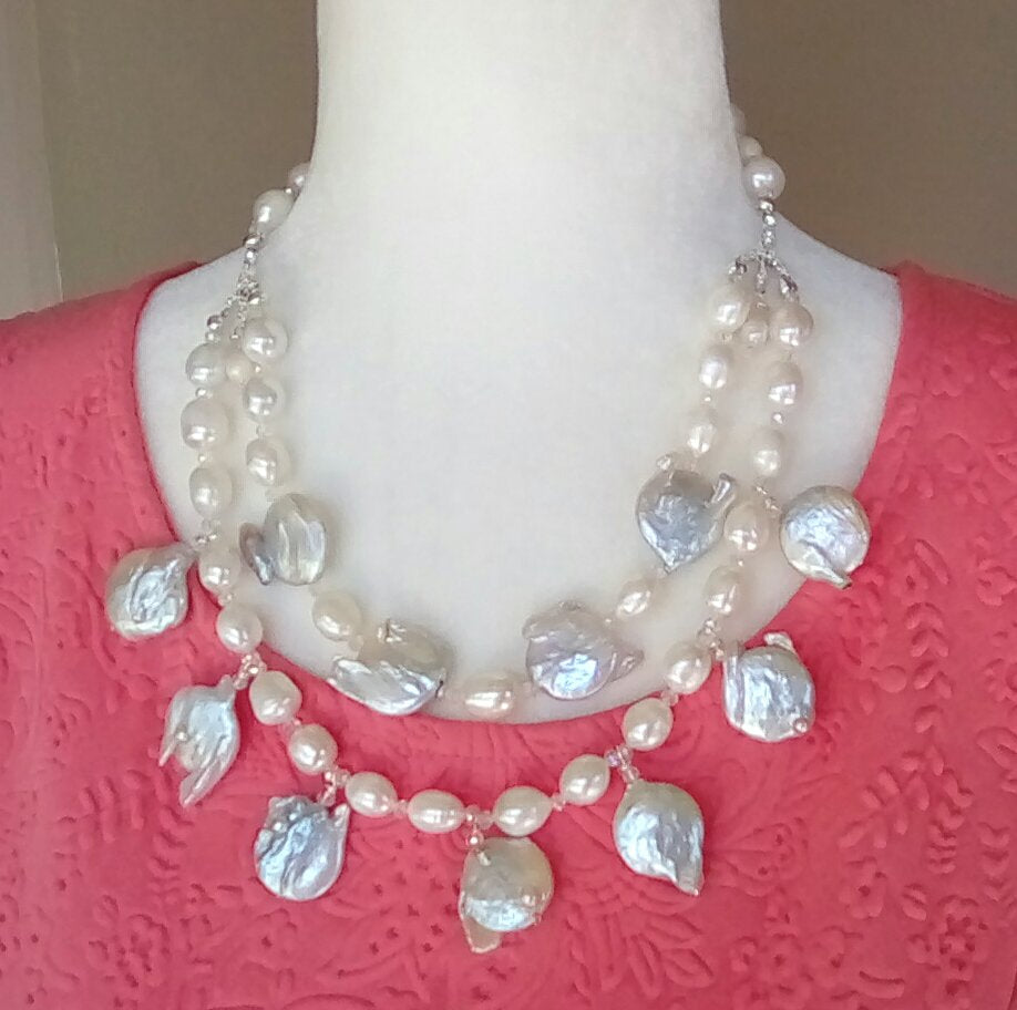 Freshwater Keshi Pearl Bridal Statement Necklace, Multi-Strand MOP Wedding Necklace