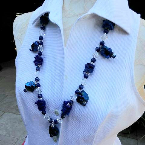 Blue Quartz Statement Necklace, Boho Recycled Sari Ribbon Collar, Gypsy Style Chunky Colorful Bib