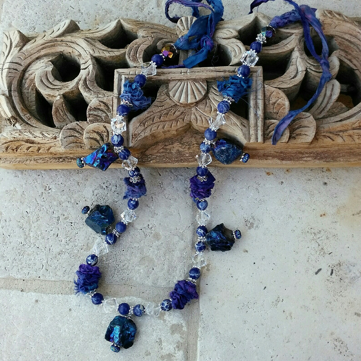 Quartz Statement Necklace, Boho Recycled Sari Ribbon Collar, Gypsy Style Chunky Colorful  Sautoir, Artisan Jewelry, Unique Gift for Her