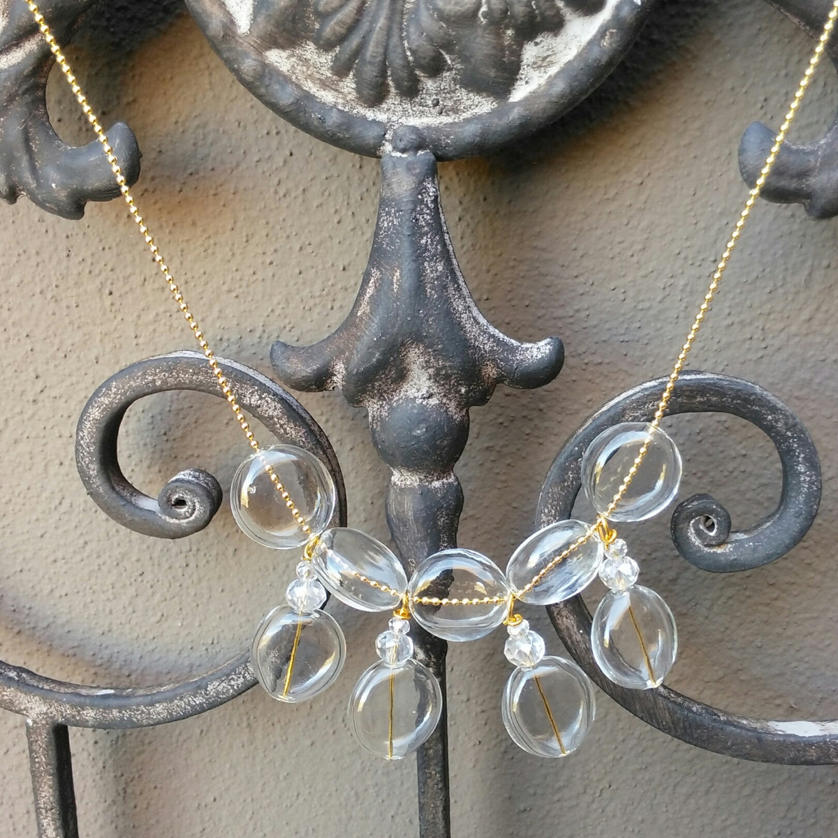 Hand Blown Clear Glass Bead Necklace, Modern Jewelry, 18K Gold Filled Necklace
