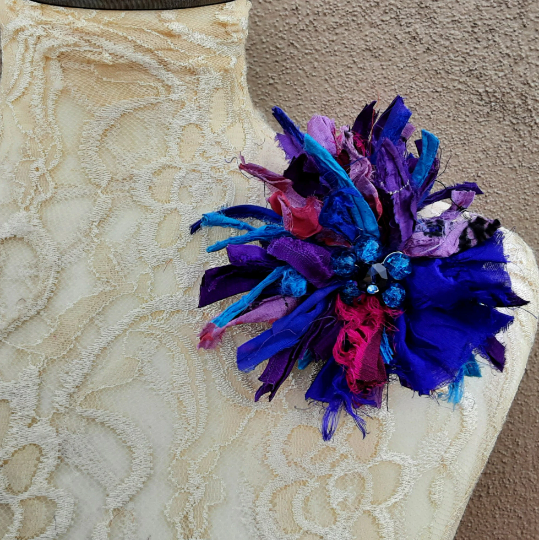 Fuzzy Sari Silk Ribbon Flower Brooch - Large Fabric Floral Pin - Fiber Art Corsage