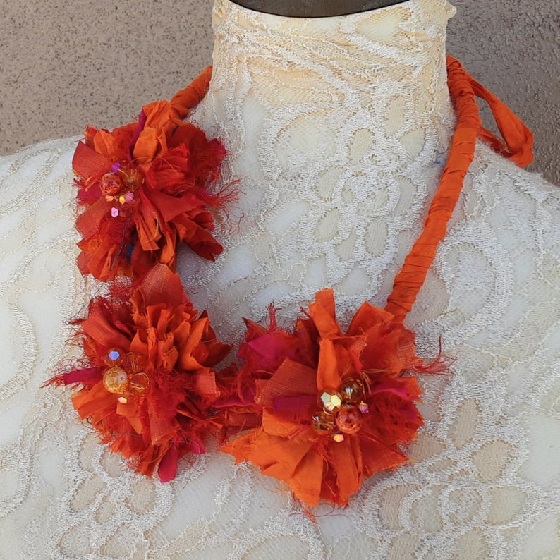 Burnt Orange Boho Flower Silk Ribbon Statement Necklace - Unique Gypsy Style Gift for Her