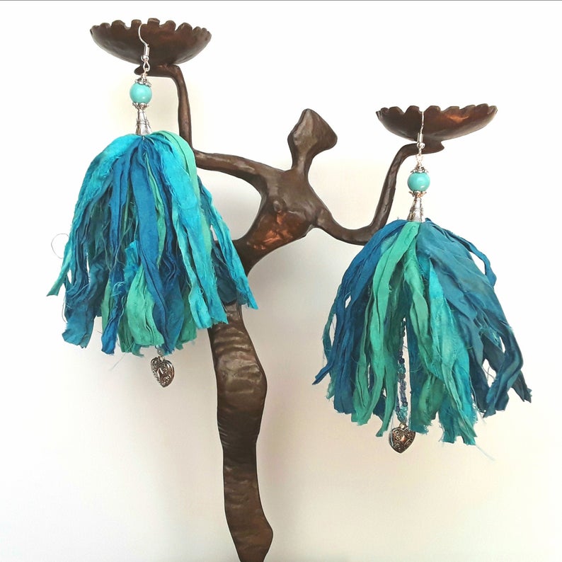Turquoise Sari Ribbon Tassel Statement Earrings - Boho Fabric Earrings - Fun Fiber Earrings