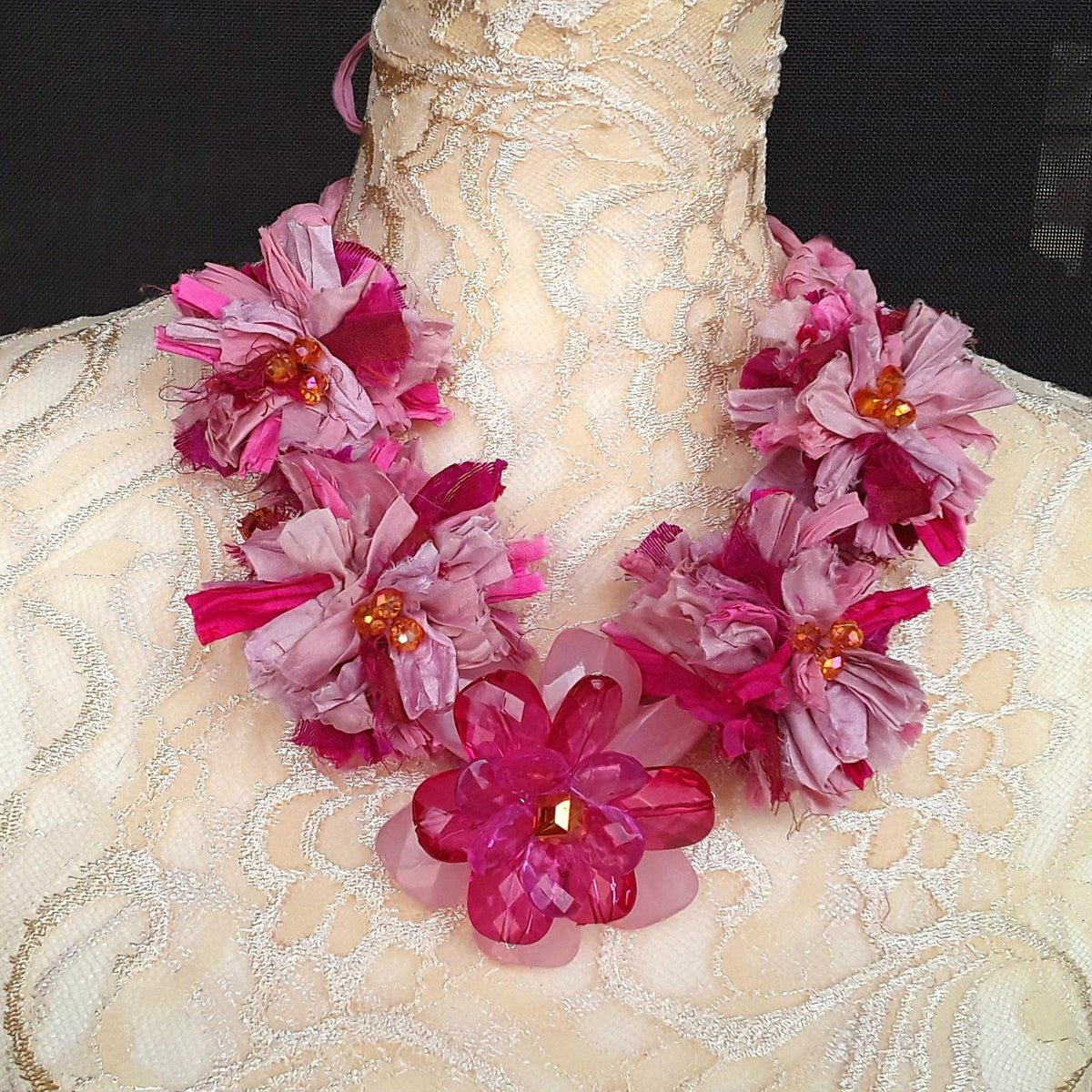 Pink Sari Statement Necklace, Silk Ribbon Boho Fabric Collar, Iris Apfel Wow Factor