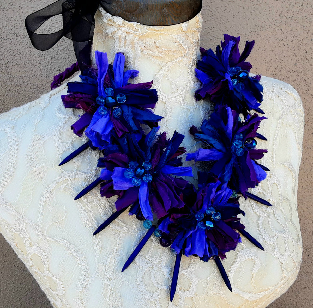 Violet & Vivid Blue1I Sari Ribbon Boho Statement Collar, Gypsy Style, Recycled Sari Silk Ribbon, Gift for Her