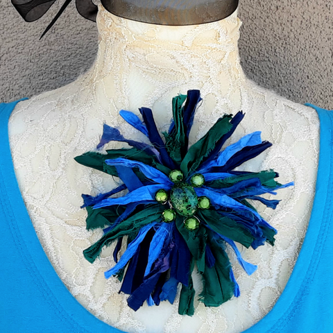 Sari Silk Ribbon Flower Brooch in Blue & Green - Large Star Burst Fabric Pin - Fiber Art Corsage