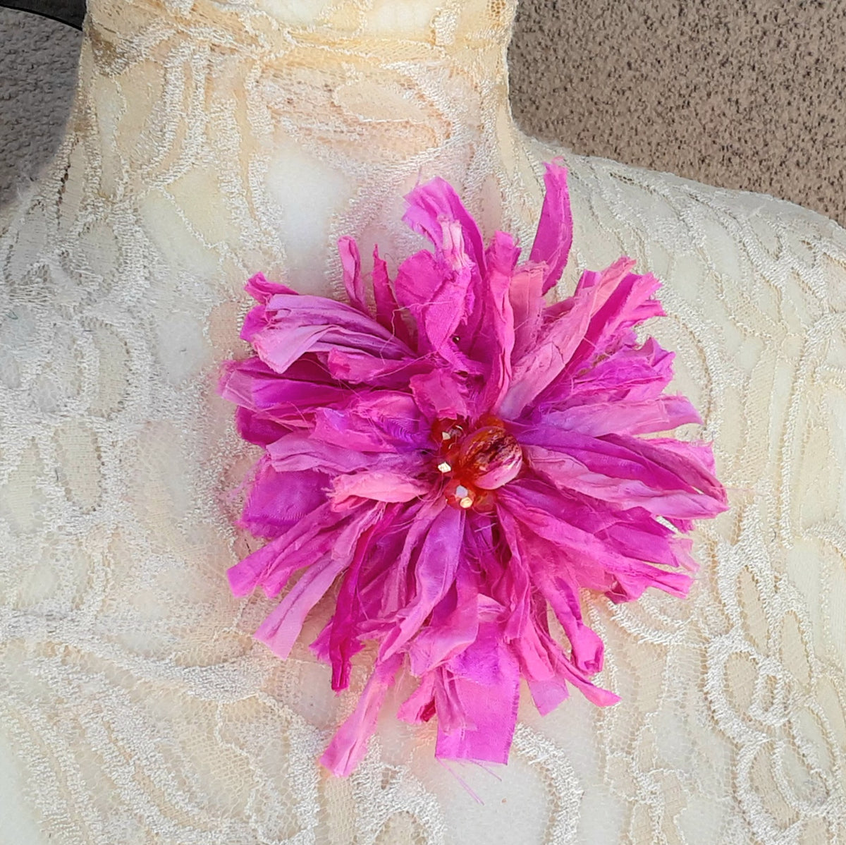 Sari Silk Ribbon Flower Brooch in Lucious Pinks - Large Star Burst Fabric Pin - Fiber Art Corsage