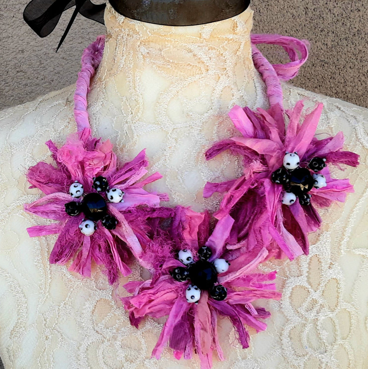 Colorful Pink Silk Flower Statement Necklace - Unique Vintage Button Collar - Fabric Floral Gift for Her