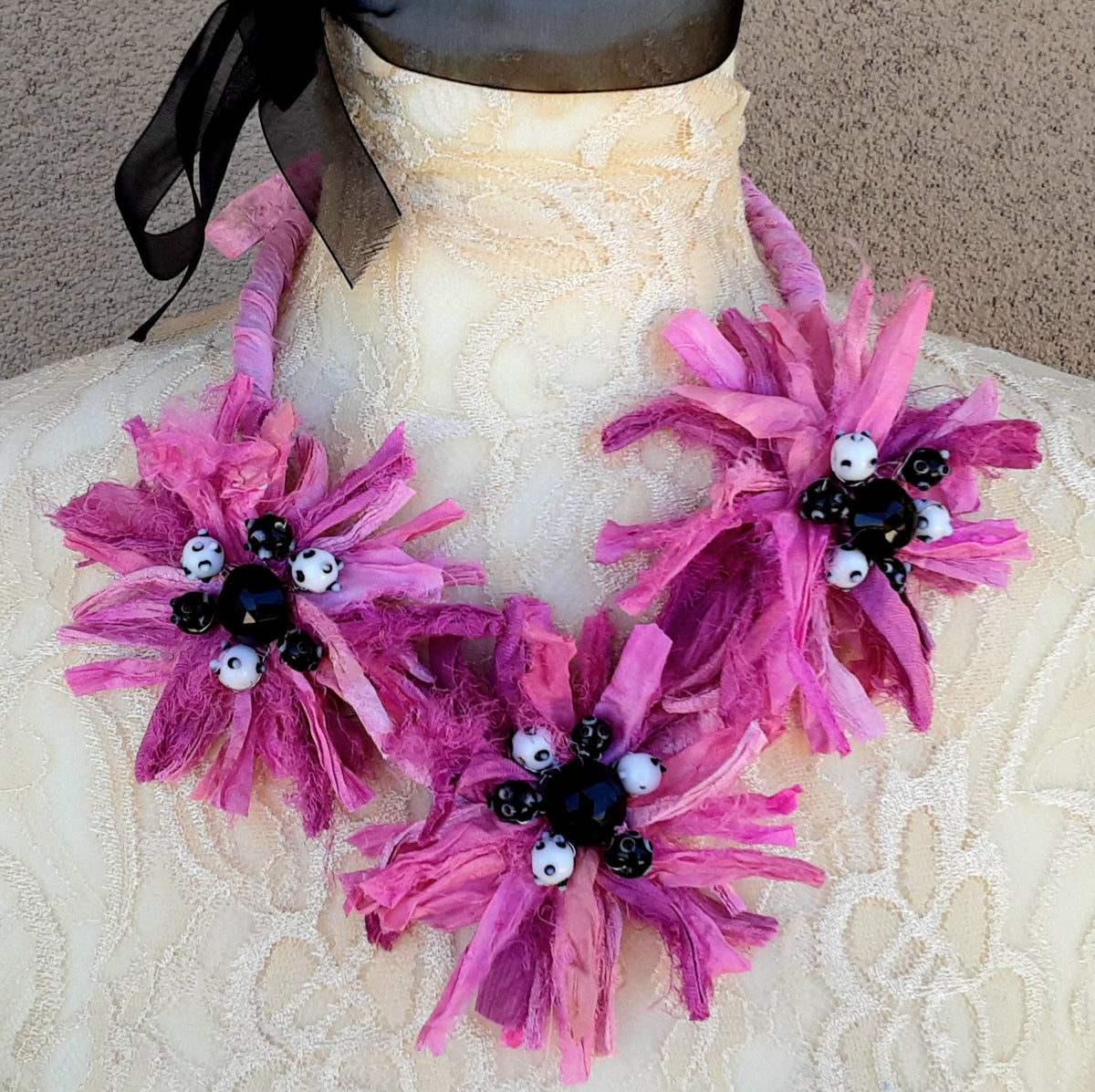 Colorful Pink Silk Flower Statement Necklace - Unique Vintage Button Collar - Fabric Floral Gift for Her