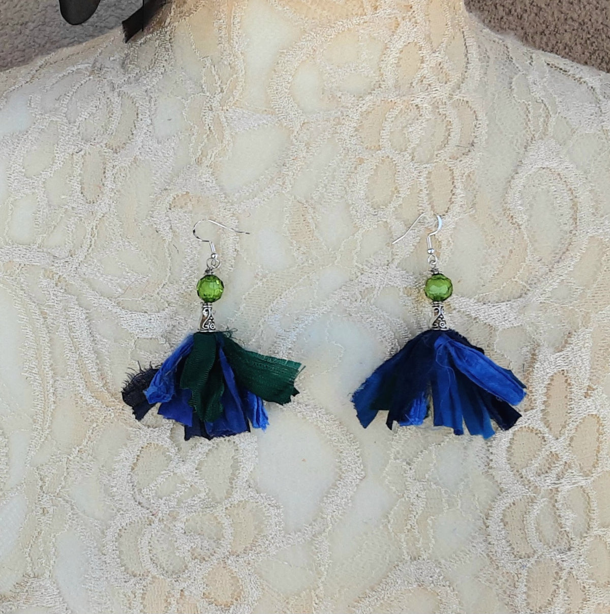 Fuzzy Sari Silk Ribbon Flower Brooch with Earrings - Large Blue & Green Fabric Floral Pin - Vintage Textile Art Corsage