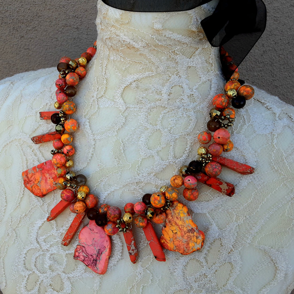 Chunky Semi Precious Stone Statement Necklace, Unique Twisted Wire Jasper Necklace