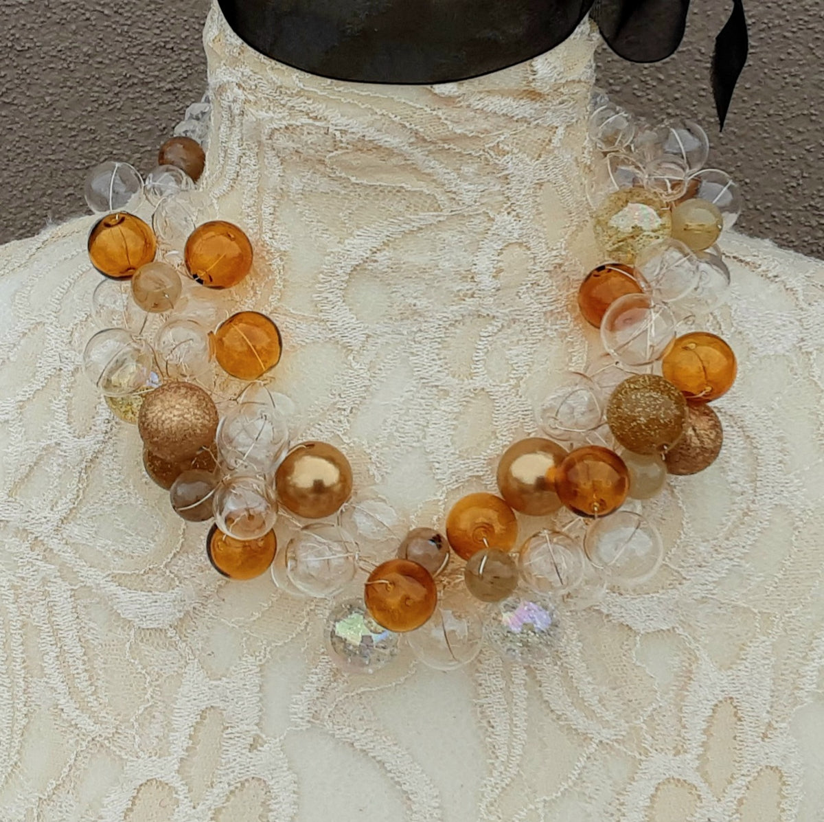 Hand Blown Clear & Bronze Glass Bubble Chunky Wire Statement Necklace - Unique Bridal Collar -  Colorful Gift for Her
