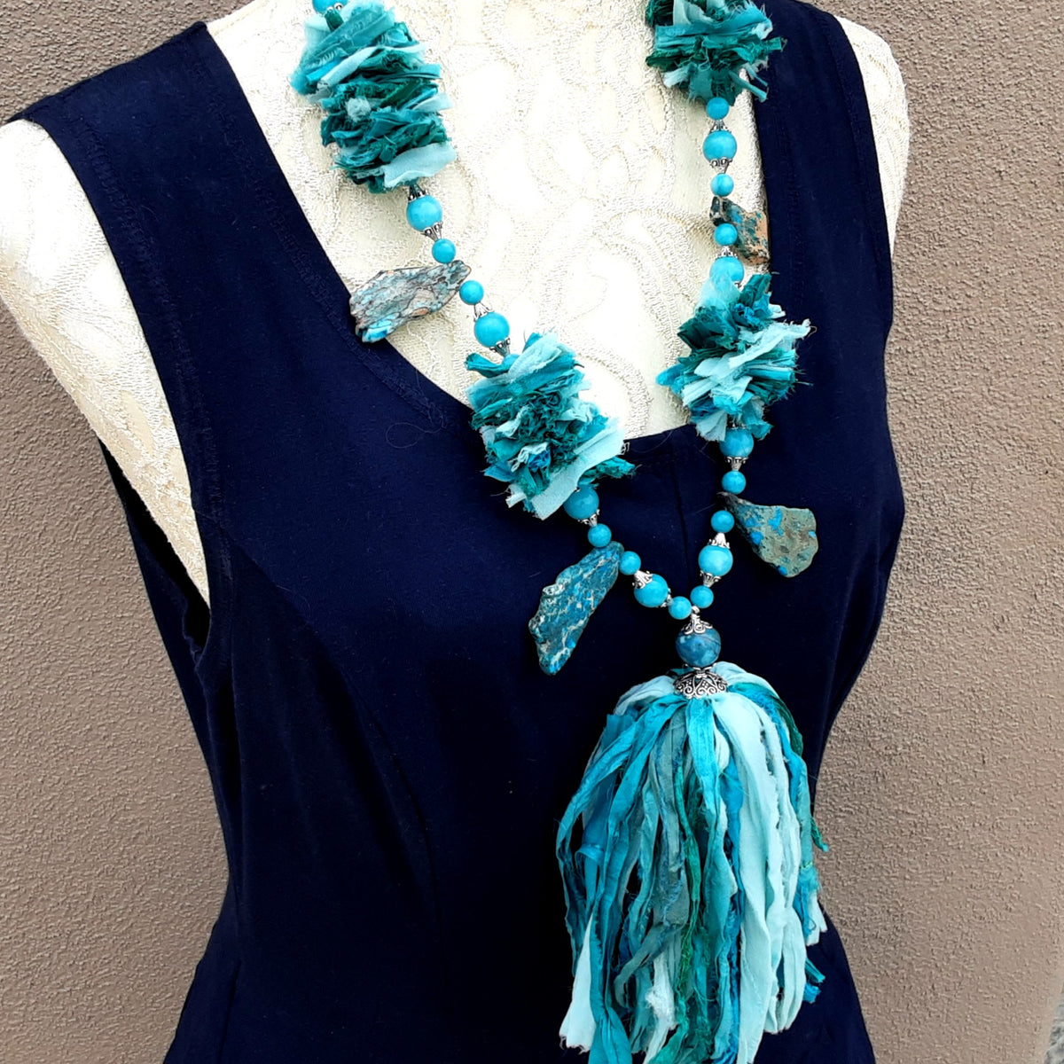 Boho Sari Silk Ribbon Tassel Statement Necklace - Jasper Stones & Amazonite Beaded Sautoir - Special Gift for He