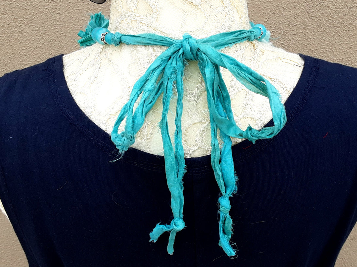 Boho Sari Silk Ribbon Tassel Statement Necklace - Jasper Stones & Amazonite Beaded Sautoir - Special Gift for He