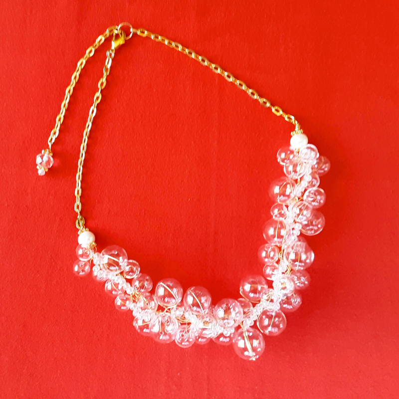 Clear Blown Glass & Crystal Statement Necklace in Gold or Silver Plated - Twisted Wire Cluster Bib