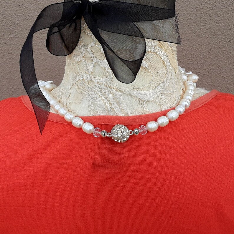 Freshwater Pearl Multi-strand Necklace, Unique Chunky Statement Necklace, Bridal Statement Collar, Evening Cocktail Bib, Gift for Her