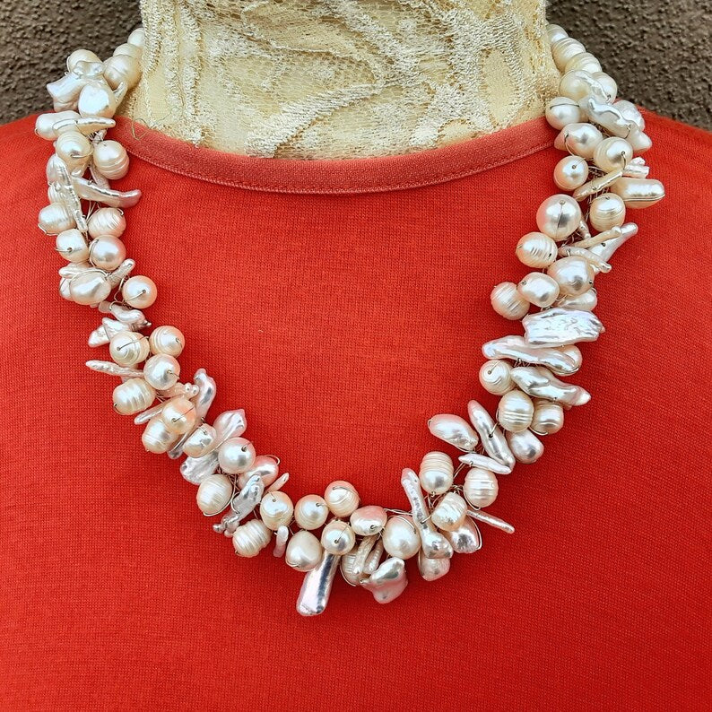 Freshwater Pearl Multi-strand Necklace, Unique Chunky Statement Necklace, Bridal Statement Collar, Evening Cocktail Bib, Gift for Her