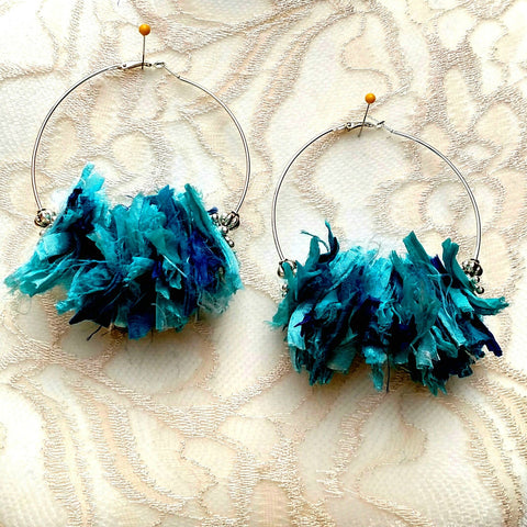 Turquoise Huge Hoop Silver Plated Statement Earrings - Sari Silk Boho Fabric Earrings