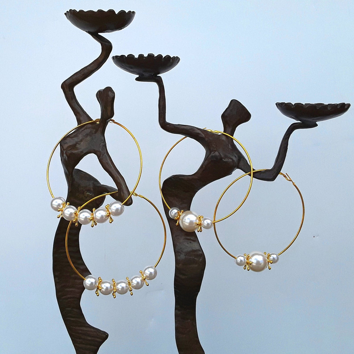 Huge Pearl Hoop 18K Gold Plated Statement Earrings, 2 Styles - Bridesmaid Gift