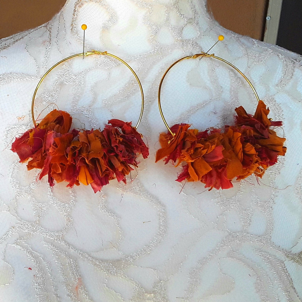 Burnt Orange Huge Hoop Gold Plated Statement Earrings - Sari Silk Boho Fabric Earrings
