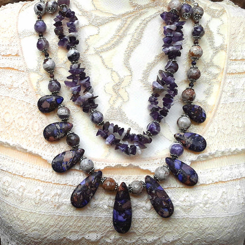 Boho Amethyst Multi-Strand Statement Necklace, Unique Gift for Her, Iris Apfel Inspired