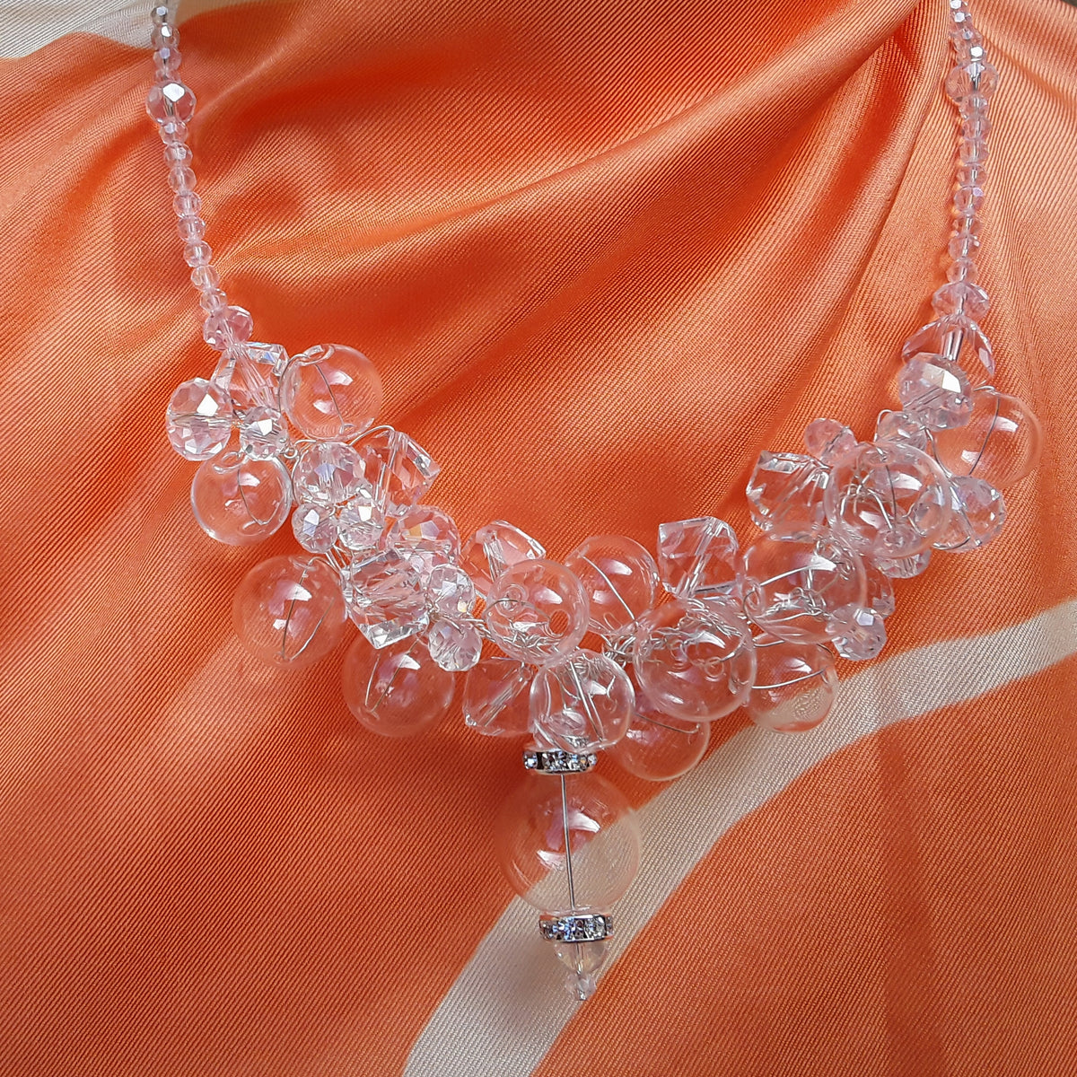 Bridal Clear Hand Blown Glass & Crystal Statement Necklace - Handmade Jewelry