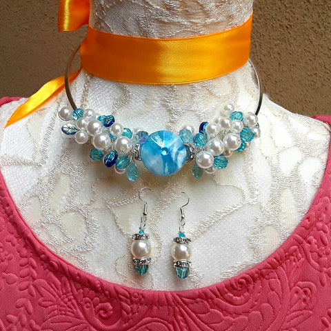 Pearl Cluster Statement Wire Choker Set - Something Blue Gift for Her