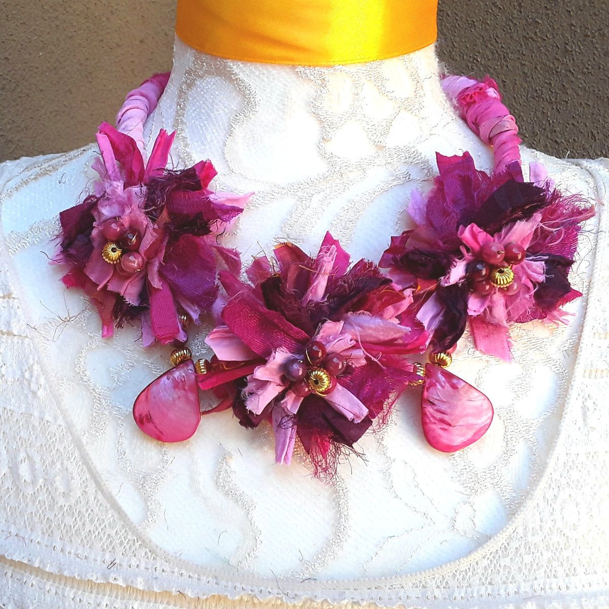 Boho Pink Sari Silk Flower Statement Necklace - Gypsy Style Gift for Her